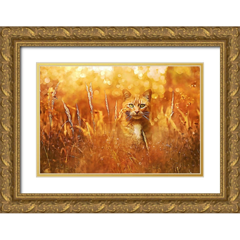 Little Tiger in the Grass Gold Ornate Wood Framed Art Print with Double Matting by Alpenglow Workshop