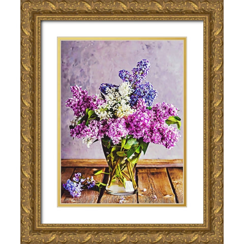 Lilacs in Glass Vase Gold Ornate Wood Framed Art Print with Double Matting by Alpenglow Workshop
