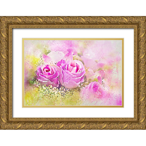 Misty Rose Bouquet Gold Ornate Wood Framed Art Print with Double Matting by Alpenglow Workshop