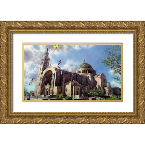 Washington Chronicle National Shrine Gold Ornate Wood Framed Art Print with Double Matting by Wang, John Z.