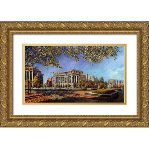 Washington Chronicle Pennsylvania Avenue Gold Ornate Wood Framed Art Print with Double Matting by Wang, John Z.