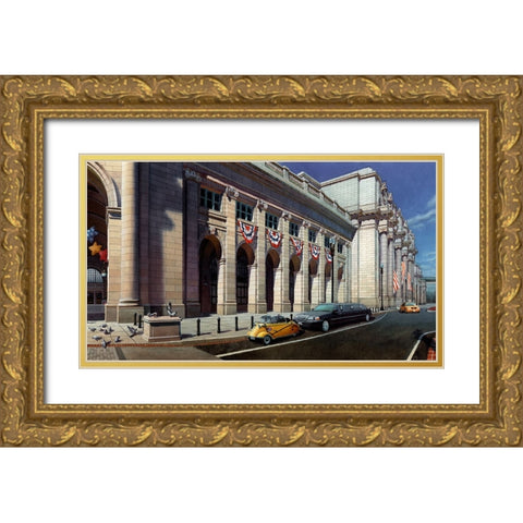 Washington Chronicle Union Station Gold Ornate Wood Framed Art Print with Double Matting by Wang, John Z.