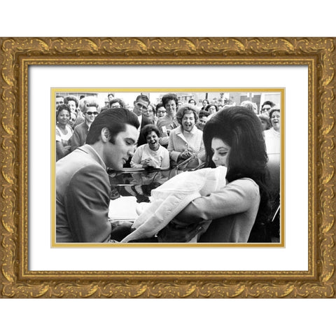 Elvis Presley and Priscilla with Lisa Marie-1968 Gold Ornate Wood Framed Art Print with Double Matting by Vintage Music Archive