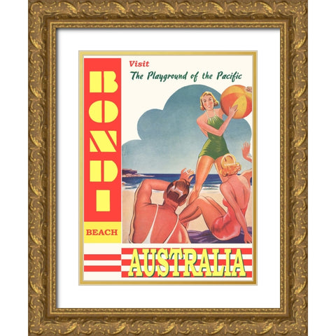 Australia Bondi Beach Travel Poster Gold Ornate Wood Framed Art Print with Double Matting by Vintage Travel Posters