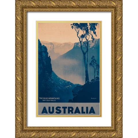 Australia Travel Poster The Blue Mountains Gold Ornate Wood Framed Art Print with Double Matting by Vintage Travel Posters
