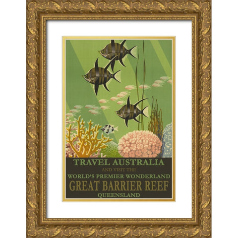 Australia Travel Poster Great Barrier Reef Gold Ornate Wood Framed Art Print with Double Matting by Vintage Travel Posters
