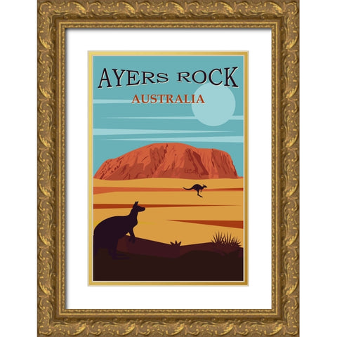 Australia Travel Poster Ayers Rock Gold Ornate Wood Framed Art Print with Double Matting by Vintage Travel Posters