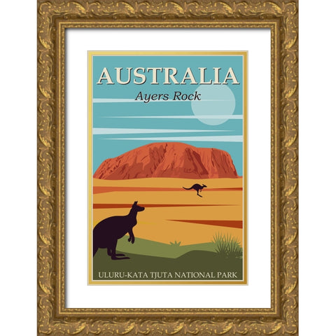 Australia Uluru-Kata Tjuta National Park Gold Ornate Wood Framed Art Print with Double Matting by Vintage Travel Posters