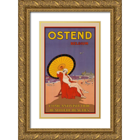 Belgium Ostend Gold Ornate Wood Framed Art Print with Double Matting by Vintage Travel Posters