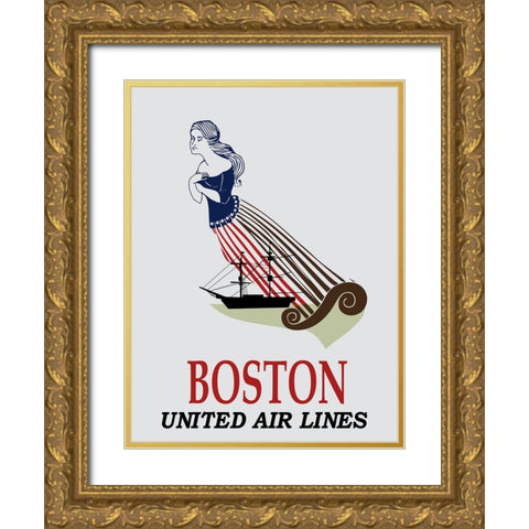 Boston Airlines Vintage Poster Gold Ornate Wood Framed Art Print with Double Matting by Vintage Travel Posters