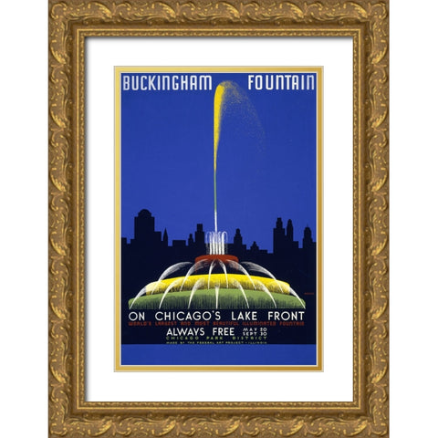 Buckingham Fountain-Chicago Travel Poster Gold Ornate Wood Framed Art Print with Double Matting by Vintage Travel Posters