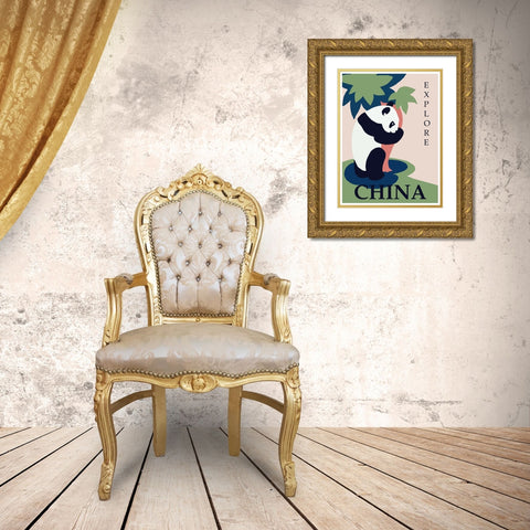 China Panda Travel Poster Gold Ornate Wood Framed Art Print with Double Matting by Vintage Travel Posters