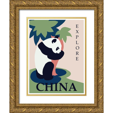 China Panda Travel Poster Gold Ornate Wood Framed Art Print with Double Matting by Vintage Travel Posters