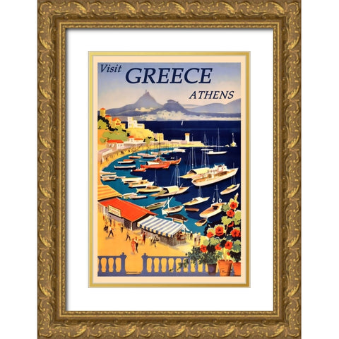 Greece Athens Travel Poster Gold Ornate Wood Framed Art Print with Double Matting by Vintage Travel Posters