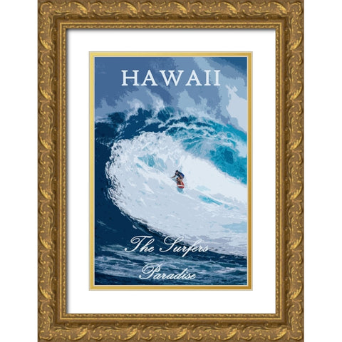 Hawaii Surfer Poster Gold Ornate Wood Framed Art Print with Double Matting by Vintage Travel Posters