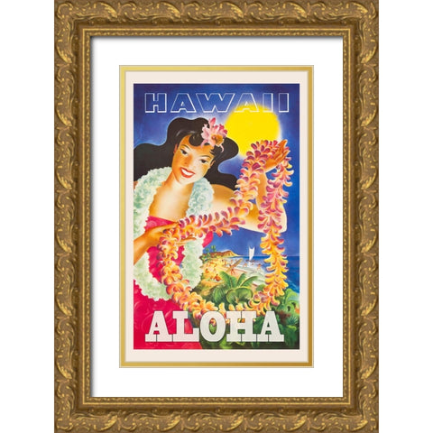 Hawaii Travel Poster Gold Ornate Wood Framed Art Print with Double Matting by Vintage Travel Posters