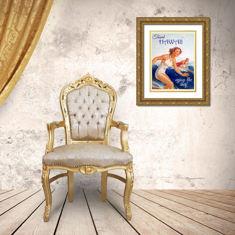 Hawaii Surfing Travel Poster Gold Ornate Wood Framed Art Print with Double Matting by Vintage Travel Posters