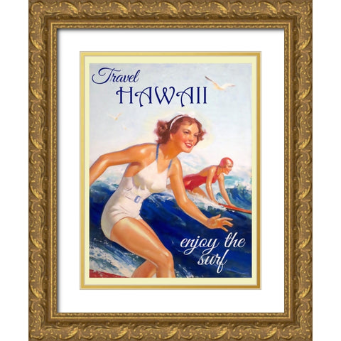 Hawaii Surfing Travel Poster Gold Ornate Wood Framed Art Print with Double Matting by Vintage Travel Posters
