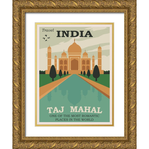 India Taj Mahal Travel Poster Gold Ornate Wood Framed Art Print with Double Matting by Vintage Travel Posters