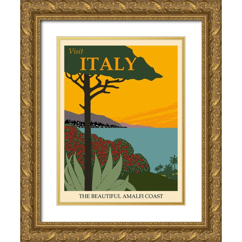 Italy Amalfi Coast Vintage Travel Gold Ornate Wood Framed Art Print with Double Matting by Vintage Travel Posters