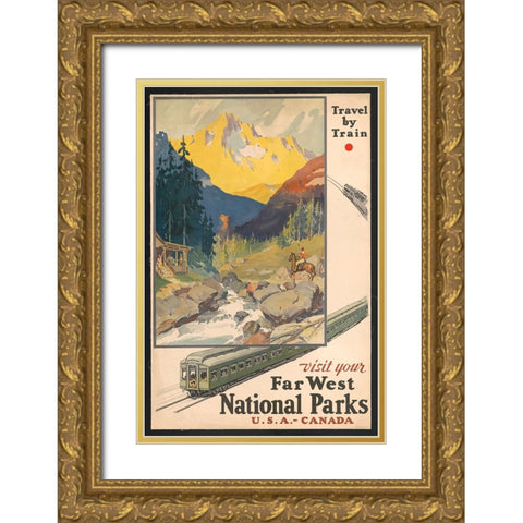 Visit National Parks by Train Gold Ornate Wood Framed Art Print with Double Matting by Vintage Travel Posters