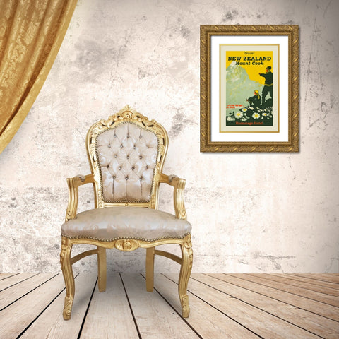 New Zealand Travel Poster Gold Ornate Wood Framed Art Print with Double Matting by Vintage Travel Posters