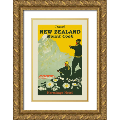 New Zealand Travel Poster Gold Ornate Wood Framed Art Print with Double Matting by Vintage Travel Posters