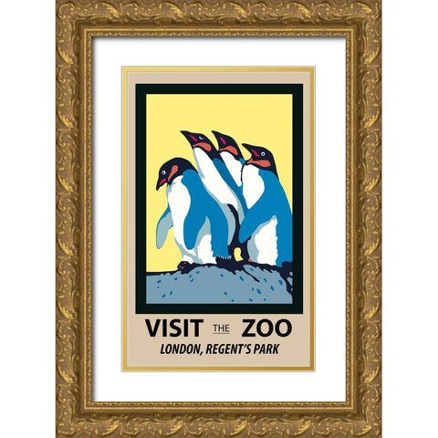 Penguins Zoo Poster Gold Ornate Wood Framed Art Print with Double Matting by Vintage Travel Posters