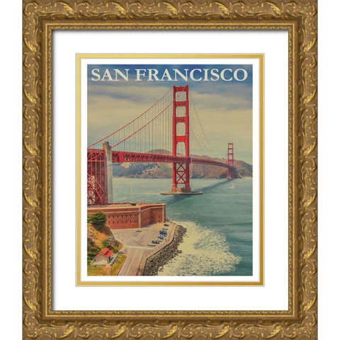 Golden Gate Bridge San Francisco Travel Poster Gold Ornate Wood Framed Art Print with Double Matting by Vintage Travel Posters