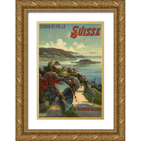 Switzerland Travel Gold Ornate Wood Framed Art Print with Double Matting by Vintage Travel Posters