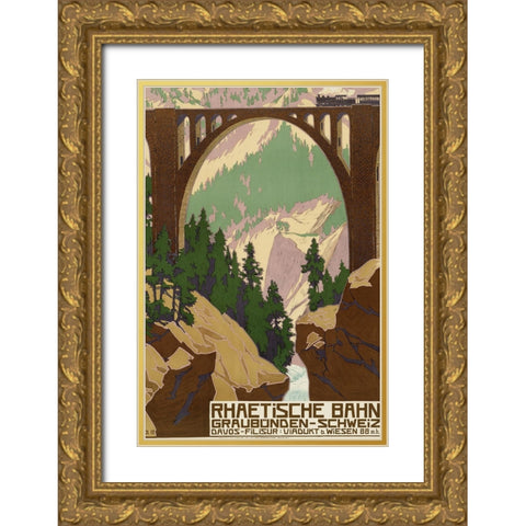 Switzerland Travel Railway Bridge Gold Ornate Wood Framed Art Print with Double Matting by Vintage Travel Posters
