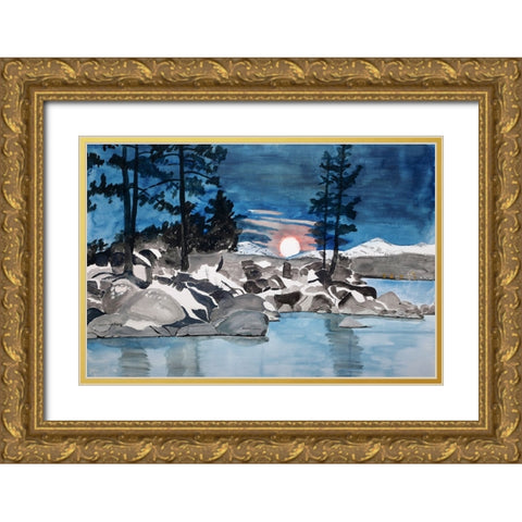 Moonset over Sand Harbor, Lake Tahoe Gold Ornate Wood Framed Art Print with Double Matting by Derr, Wynn