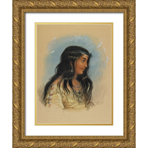 A Young Woman of the Flat Head Tribe Gold Ornate Wood Framed Art Print with Double Matting by Miller, Alfred Jacob