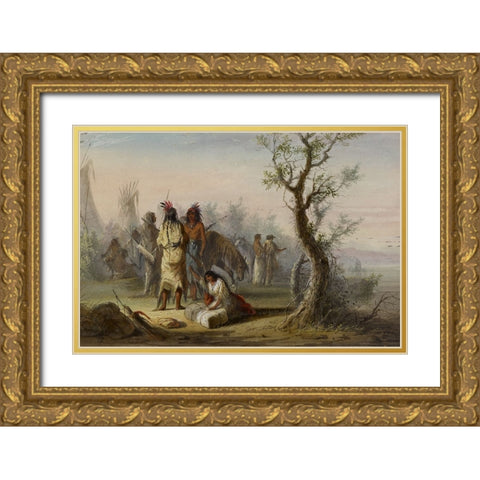 An Indian Camp Gold Ornate Wood Framed Art Print with Double Matting by Miller, Alfred Jacob