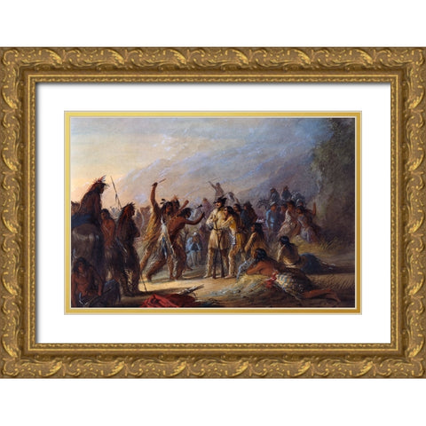 Attack by Crow Indians Gold Ornate Wood Framed Art Print with Double Matting by Miller, Alfred Jacob