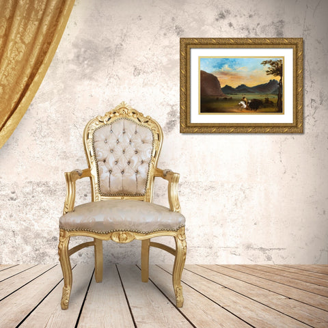 Buffalo Hunt Gold Ornate Wood Framed Art Print with Double Matting by Miller, Alfred Jacob