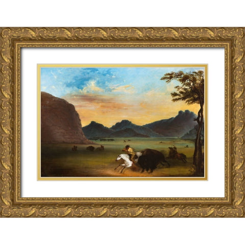 Buffalo Hunt Gold Ornate Wood Framed Art Print with Double Matting by Miller, Alfred Jacob