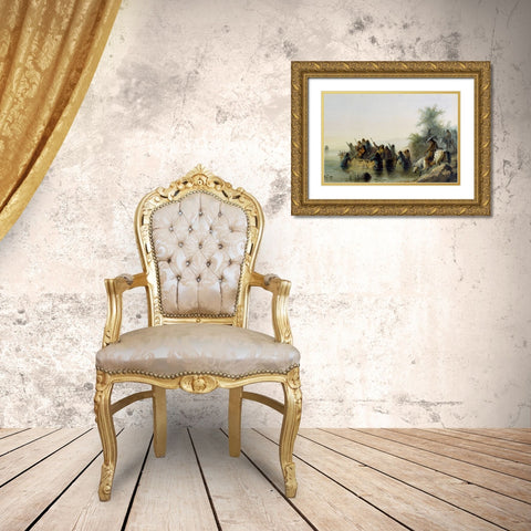 Bull Boating Gold Ornate Wood Framed Art Print with Double Matting by Miller, Alfred Jacob