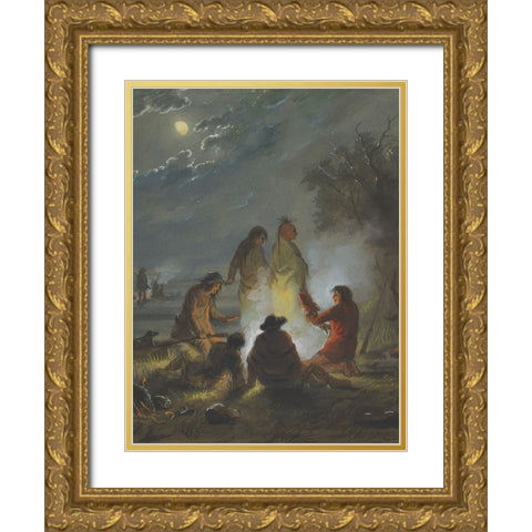 Camp Fire, Preparing the Evening Meal Gold Ornate Wood Framed Art Print with Double Matting by Miller, Alfred Jacob