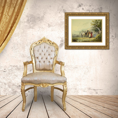 Camp Scene, Sioux Gold Ornate Wood Framed Art Print with Double Matting by Miller, Alfred Jacob