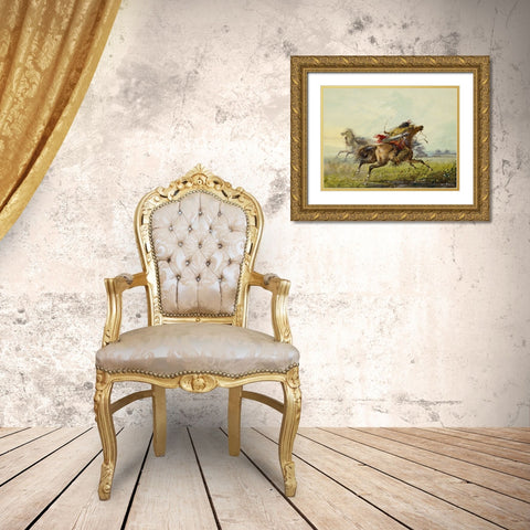 Dodging an Arrow Gold Ornate Wood Framed Art Print with Double Matting by Miller, Alfred Jacob