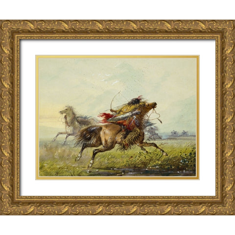 Dodging an Arrow Gold Ornate Wood Framed Art Print with Double Matting by Miller, Alfred Jacob