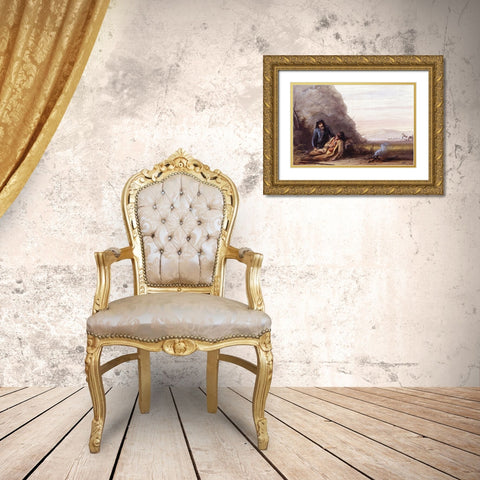 Free Trappers in Trouble Gold Ornate Wood Framed Art Print with Double Matting by Miller, Alfred Jacob