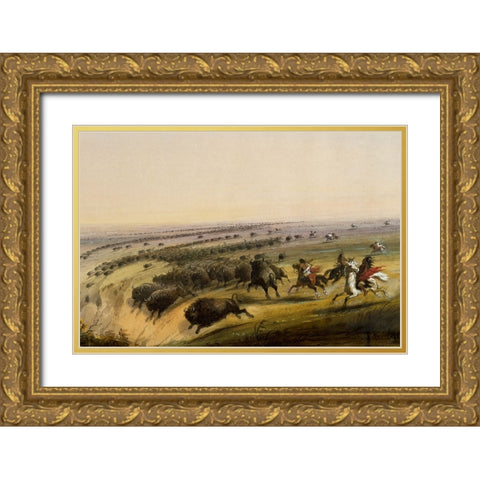 Hunting Buffalo Gold Ornate Wood Framed Art Print with Double Matting by Miller, Alfred Jacob