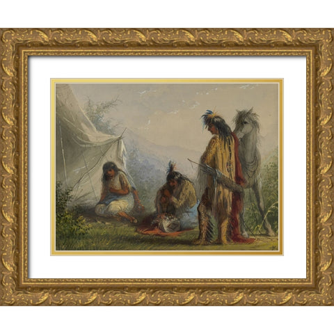 Indian Courtship Gold Ornate Wood Framed Art Print with Double Matting by Miller, Alfred Jacob