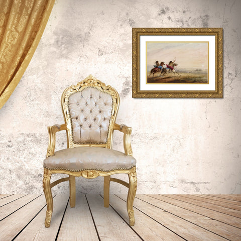 Indian Girls, Racing Gold Ornate Wood Framed Art Print with Double Matting by Miller, Alfred Jacob