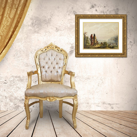 Indians Threatining to Attack Fur Boats Gold Ornate Wood Framed Art Print with Double Matting by Miller, Alfred Jacob