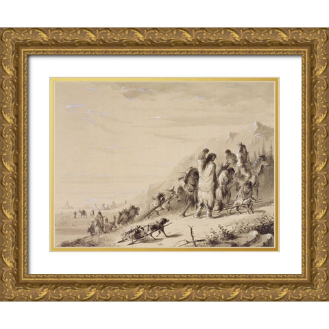 Pawnee Indians Migrating Gold Ornate Wood Framed Art Print with Double Matting by Miller, Alfred Jacob