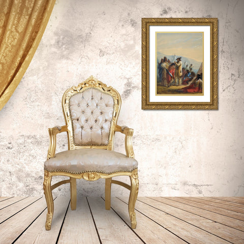 Presents to Indians Gold Ornate Wood Framed Art Print with Double Matting by Miller, Alfred Jacob