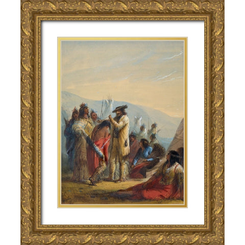 Presents to Indians Gold Ornate Wood Framed Art Print with Double Matting by Miller, Alfred Jacob